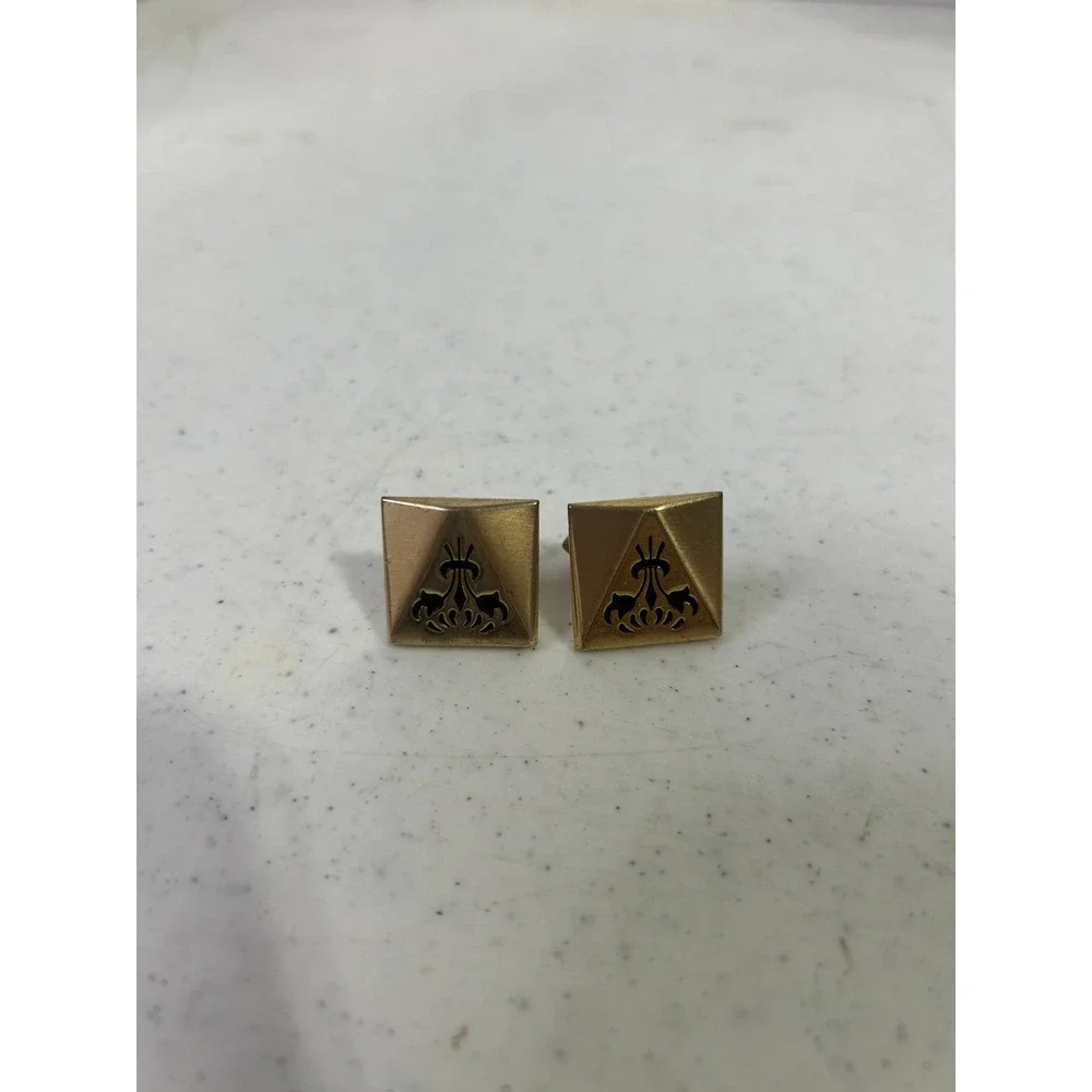 Vintage Gold Tone Square Pyramid Fleur De Lis Cufflinks Mid Century Modern Mens